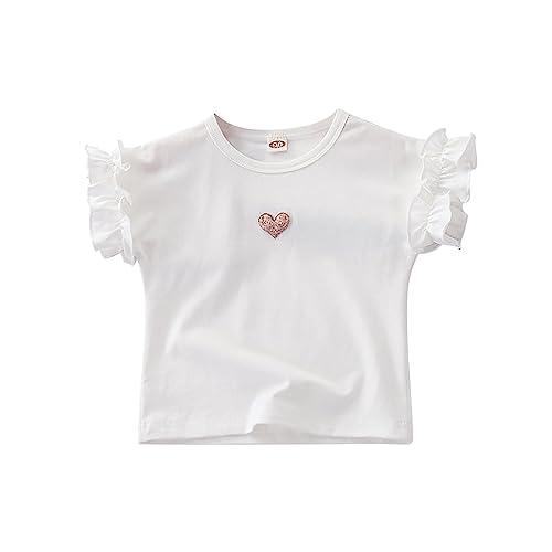 Toddler Kids Baby Girls Solid Color Flare Short Sleeves Heart Embroidered T Shirt Children's Casual Tee Clothes Baby Boy Summer Clothes (White, 12-24 Months)