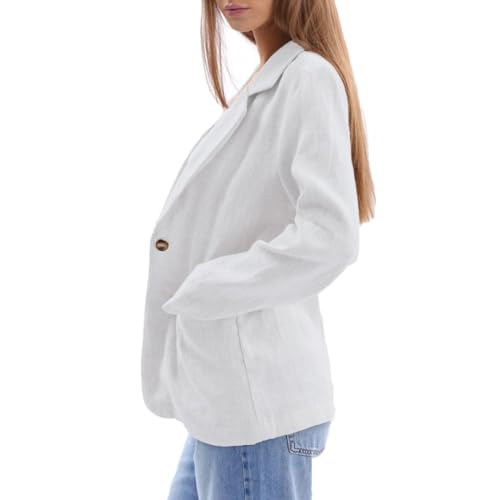 Amazhiyu Womens 100% Linen Notched Button Blazer Jackets Long Sleeve Coat Office White, X-Large3