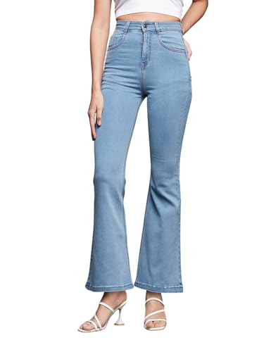 Image of Miss Chase Women's Light Blue Bootcut High Rise Clean Look Regular Stretchable Denim Jeans