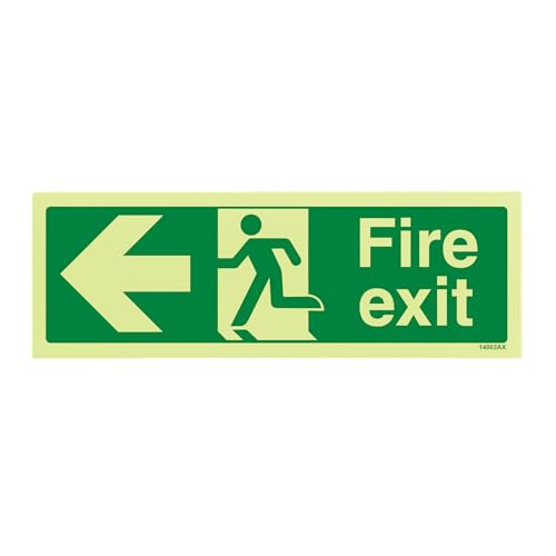 V Safety Glow in the Dark Fire Exit Sign with Left Arrow – 300 x 100mm Rigid Plastic – Emergency Escape Route Sign – ISO 7010 Compliant – Photoluminescent Safety Signage for Workplaces