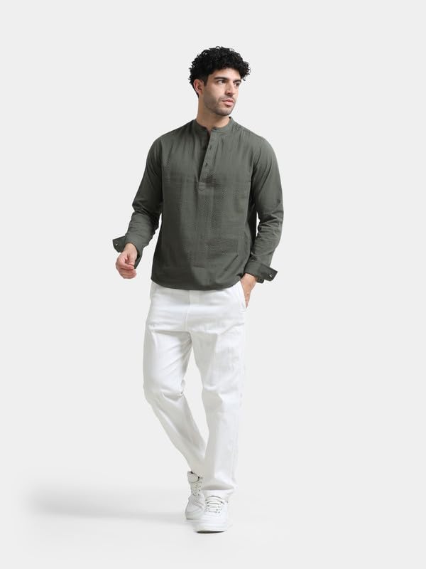 Image of StitchX Men's Seersucker Band Collar Pure Cotton Striped Kurta Shirt-S-2XL