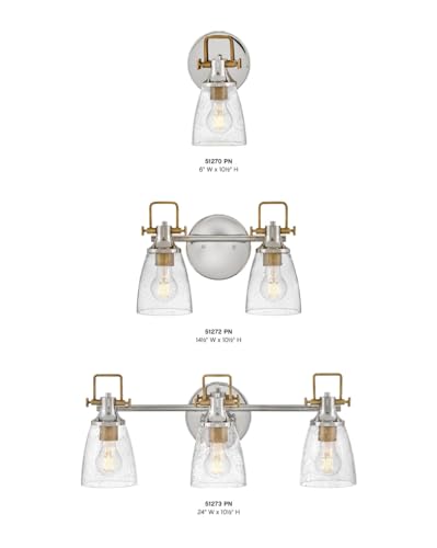 Image of Hinkley Easton 51270PN Single Light Bath Vanity Fixture, Modern Industrial, Clear Seedy Glass Shade, Mounts Up or Down, Polished Nickel and Heritage Brass