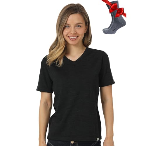 Merino.tech Merino Wool T Shirt Women - 100% Merino Wool Base Layer Women Short Sleeve Moisture-Wicking Tee and Hiking Socks (Medium Charcoal V-Neck)