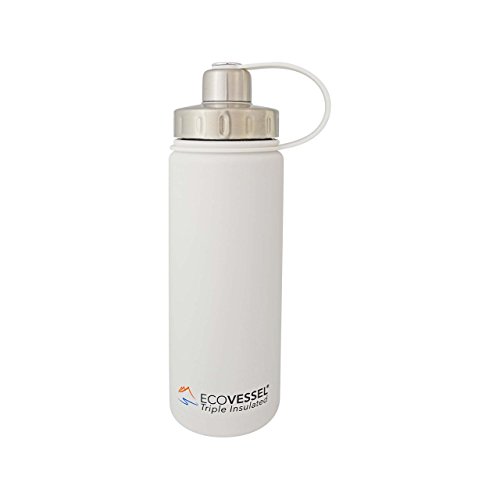 EcoVessel BOULDER TriMax Dual Opening Insulated Stainless Steel Water Bottle with Tea - Fruit and Ice Strainer - 20 oz. - Whiteout