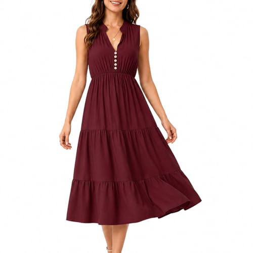 Image of BROVAVE Womens 2026 Summer Sleeveless Shirt Dress Collar Striped V Neck Casual Midi Dresses