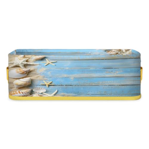 Tablerazzi Starfish Seashell Toilet Tank Topper Paper Basket with Handle, Ocean Beach Storage Basket for Organizing, Small Fabric Storage Bins for Bathroom Decor