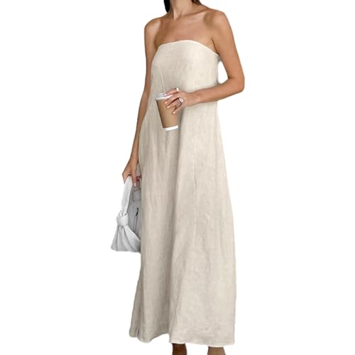 GVCXCSGE Women Strapless Linen Maxi Dress Tubular Top A-line Headband Long Beach Dress Casual Dresses, khaki, M