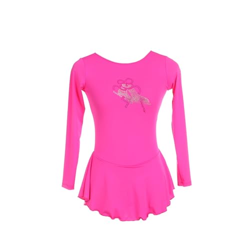 Vestido de patinação artística, simples decote redondo, mangas compridas, strass brilhantes, fantasi