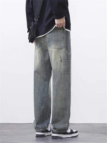 Men Straight Cargo Jeans Splicing Casual Vintage Pants Large Pocket Denim Trousers2