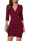 IHOT Party Dress for Women V-Neck Fall 3/4 Sleeve Ruched Bodycon Wedding Guest Club Night Formal Cocktail Dresses Puff Sleeve Faux Wrap Knee Length Short Homecoming Graduation Dress Wine Red Small
