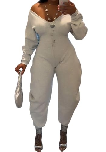 Unybwonn Women's Slim Jumpsuits Comfy V Neck off Shoulder Long Sleeve Sweatshirt Wide Leg Romper Club Sweatsuit Outfit Streetwear