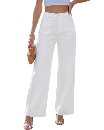 LookbookStore Womens Wide Leg Trouser High Waist Trendy Jeans for Women - Ivory White, Size 12-14