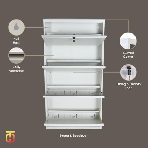 Image of TUFFERONE Shoe Rack Metal Heavy-Duty Cabinet 4-Door Wall-Mounted Organizer White Durable 4-Layer Footwear Stand for Home & Office 58 inch H x 29 inch W x 6 inch D