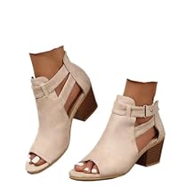 SACFOF Womens Peep Toe Booties Cutout Side Strap Mid Black Chunky Heel Cutout Sandals Ankle Bootie with Back Zipper