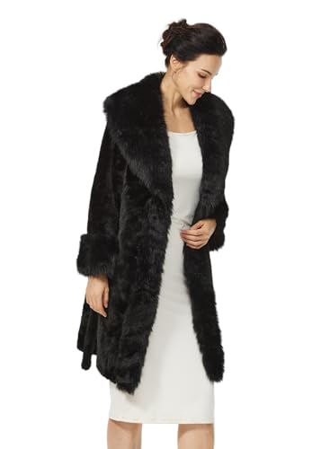 BEAUTELICATE Women’s Faux Fur Lapel Coat Mid-length Belted Lined Overcoat Oversized Loose-fit Fluffy Winter Outerwear With Pockets Hooks Closure Black, L
