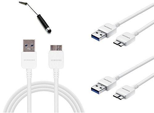 Two (2) Samsung OEM Genuine Authentic 5-Feet Micro USB 3.0 Data Sync Charging Cables for Galaxy S5/Note 3 ET-DQ11Y1WE - Non-Retail Packaging - White + Mini Stylus