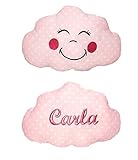  Cojín nube para bebés personalizado con su nombre, bordado a máquina por un lado y una graciosa carita sonriente también bordada, por el otro lado. Tamaño pequeño 30x20cm y peso100gr.