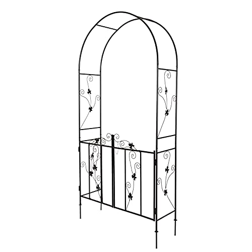 JSUN7 Metal Garden Arch with Gate - Garden Arbor with Gate, Garden Arch Trellis for Outdoor Climbing Plants, Wedding Arch with Double Doors, 7'H X 3.6'W, Black