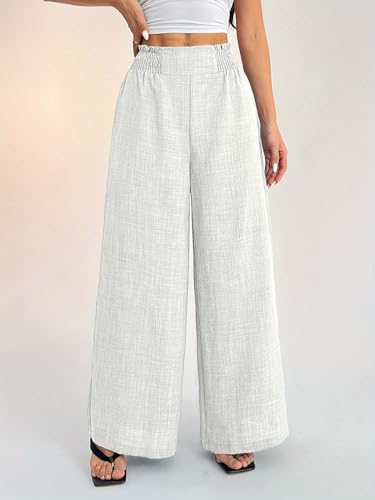 Image of Sugathari Women's Casual Wide Leg Pants - High Waist Elastic Waistband Loose Fit Long Trousers | Lightweight Straight Leg Summer PantsTrouser 254
