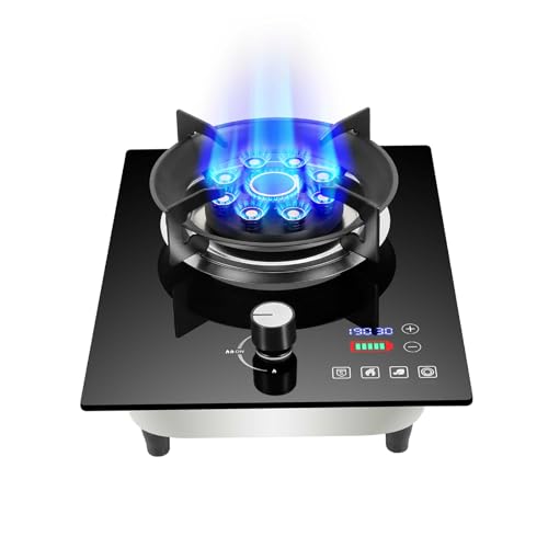 ガスコンロ 1バーナー、7.0KW 9キャビティ高火力タイマー、黒強化ガラス、偶発的な炎の消え防止装置、LPG/天然ガスキット(LPG)