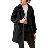 Haloumoning Boys Double Breasted Peacoat Notched Lapel Collar Wool Blend Long Coat with Pockets