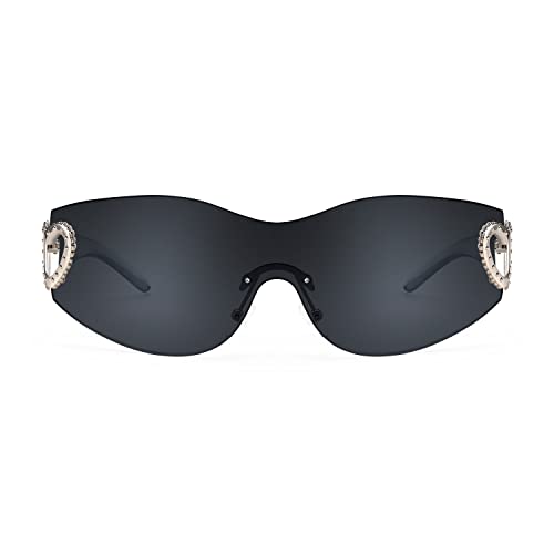 FEISEDY Y2K Rimless Sunglasses Heart for Women Men Around Wrap Fashion Futuristic 2000s Trendy Shield B29813