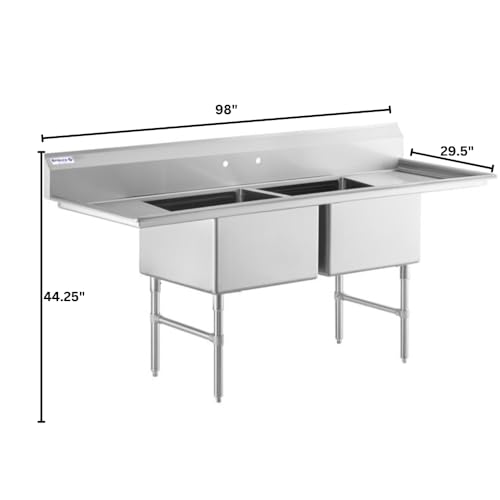 Image of EMPURA 98 inch Wide Stainless Steel Two Compartment Commercial Sink | Utility 24 inch x 24 inch Bowl for Restaurant Laundry Garage | (2) 24 inch Drainboard, 9.75 inch Backsplash, 98 inchW x 29.5 inchD x 44.25 inchH, 16 Gauge, NSF