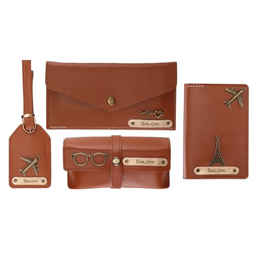 Image of AICA Personalised Name & Charm Womens Leather Combo Gift Set (Tanbrown) | Gifts for Women| Customised Gift Hamper for Woman