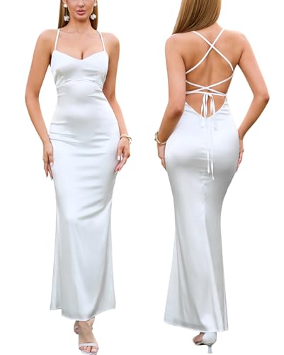 Women's Satin Bodycon Maxi Dress Spaghetti Strap Sexy Backless Sweetheart Neck Formal Wedding Guest Party Dresses