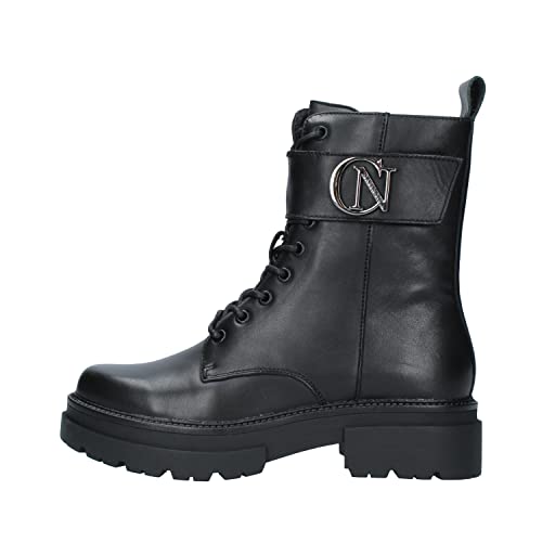 CafèNoir scarpe stivaletti anfibi donna in pelle nera con logo laterale in acciaio e zip. Fondo in gomma antiscivolo. N.37