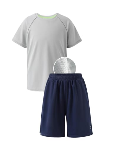 PATPAT Boys 2-Piece Athletic Set, Ultra Lightweight Quick-Dry T-Shirt & Shorts with Air-Grid Tech, Moisture-Wicking Sports Uniform for Kids Youth, Motion Navy, US6/XS