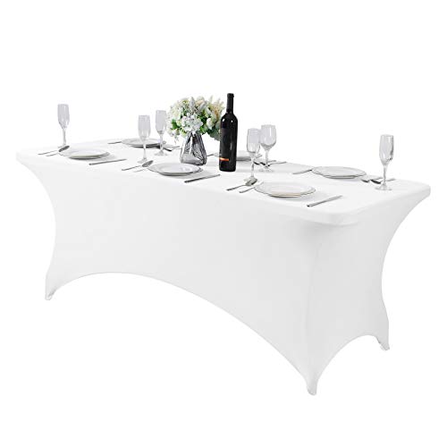 Image of Hezuzo Spandex Table Cover for 6Ft or 4fT or 8ft Table Universal Fitted Stretch Tablecloth for Party, Banquet, Wedding and Events-White