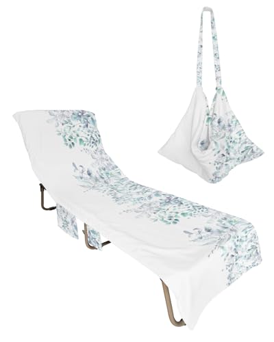 Beach Pool Patio Lounge Chaise Chair Cover Towel with Pockets,Botanical Eucalyptus Absorbent & Quick Dry Microfiber Towel Cover Bag Summer Travel Accessories Floral Leaves Gradient Teal Modern White