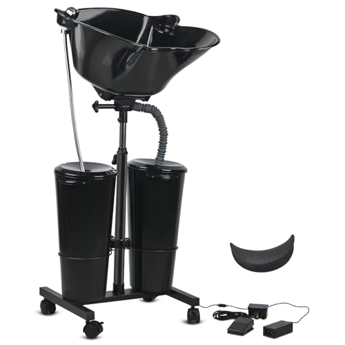 Togarhow Portable Shampoo Bowl Height Adjustable Hair Washing Station with Electric Pump Dual-Bucket Portable Shampoo Sink with Sprayer for Home Salon Barber Use (Black)