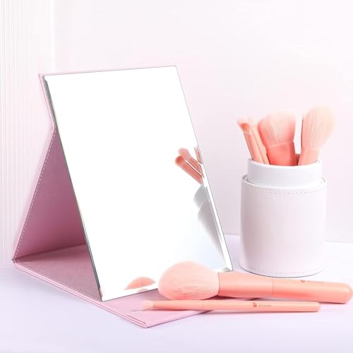 Image of Folding Portable Makeup Mirror with Adjustable Stand | HD Frameless Beveled Design | Travel-Friendly PU Leather Vanity Mirror for Desk, Dresser & Bathroom,Rectangular (Pink Square Edge Mirror)