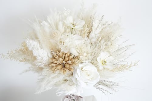 Ramo de boda Beige Pampas con rosas blancas y flores artificiales miniatura 5