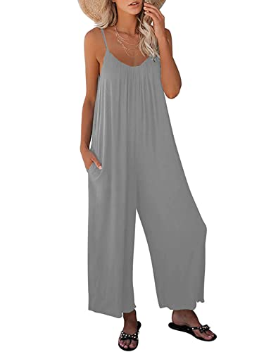 KMAZN Macacão comprido de algodão solto para mulher, estilo casual, de linho, tamanho grande, calças de perna larga, cinzento - não elástico, 2XL