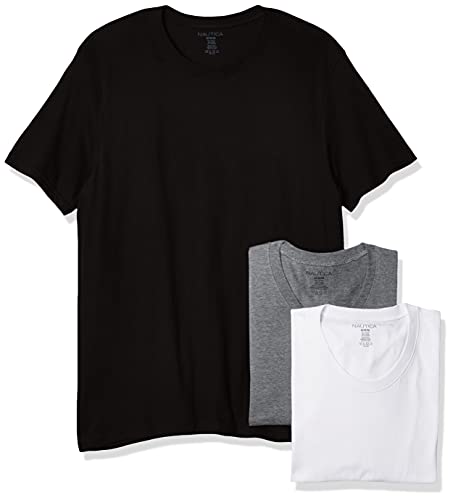 Nautica Men's 3 Pack Cotton Crew Neck T Shirt, New White/Black/Heather Grey, LG