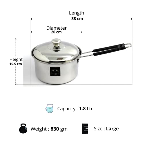 Image of NYRA Stainless Steel Induction Base Flat Bottom Sauce Pan with Lid - Available in 3 Sizes (Large - 1.8 LTR)