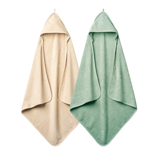 Image of Huxie Baby Hooded Towel – Organic Cotton Baby Bath Towels, 32" x 32" Super-Soft and Absorbent Baby Towels for Newborn 2-Pack (Fog/Roman Green)