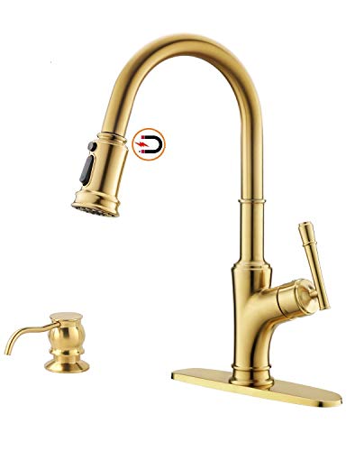 APPASO Gold Kitchen Faucet with Pull Down Magnetic Docking Sprayer - Brushed Gold