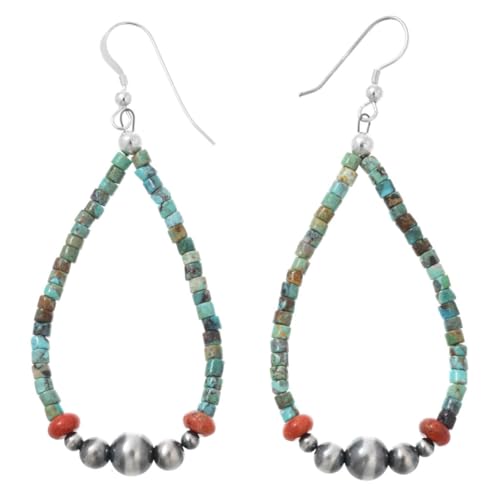 Turquoise Heishi Coral Navajo Desert Pearl Beaded Earrings Traditional French Hook Looped Dangles 1129