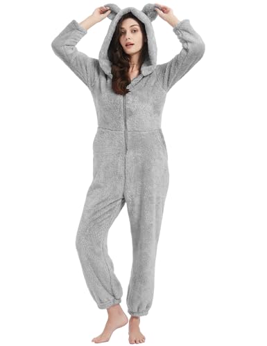 COZYPOIN Womens Fleece Onesies Pajamas Fuzzy Sherpa Adult Hooded One Piece Onesie Winter Romper Flannel Loungewear Sleepwear(Grey-S)