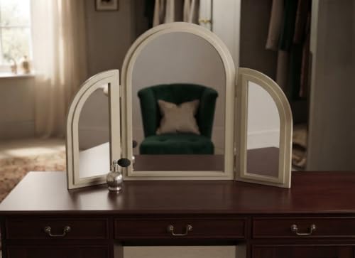 Image of DEENZ The Ridged Arched Shape Dressing Table Mirror Vintage Wood Cream Framed Countertop Bedroom Vanity Décor 80x50x2Cm