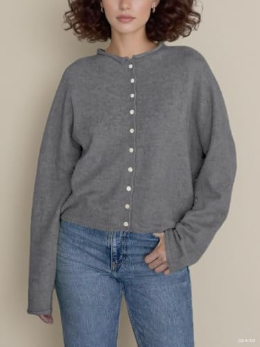 Image of Women Y2k Knitted Cardigan Long Sleeve Button Down Sweater Lightweight Casual Cardigan Loose Fall Streetwear