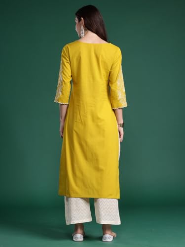 Image of INDO ERA Women's Cotton Straight Fit Floral Embroidered Kurta (KT0GN9776)