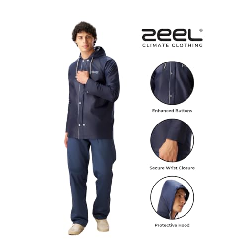 Image of ZEEL Water Fighter Rain Coat for Men with Adjustable Hood, Polyester Waterproof Full Sleeves, Top and Bottom Set Rainwear, Front Zip with Flap, Lightweight Raincoat