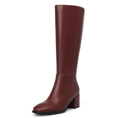 AIUNIIND Knee High Boots for Women Chunky Block Low Heel Round Toe Side Zipper Faux Leather Comfortable Tall Fall Boots for Dress Festival Burgundy Size 8