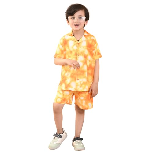 Image of superminis Baby Boys Rayon Tie-Dye Printed Co-ord Set With Notched Collar Shirt and Shorts