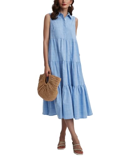Womens Summer Button Down Maxi Shirt Dress Sleeveless Collared V Neck Tiered Flowy Midi Dress
